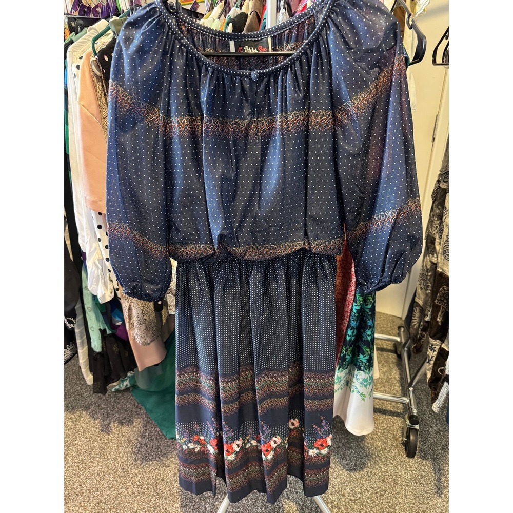 048 Vintage 1970s Liz Petites Navy Polka Dot Floral Border Midi Peasant Dress 10